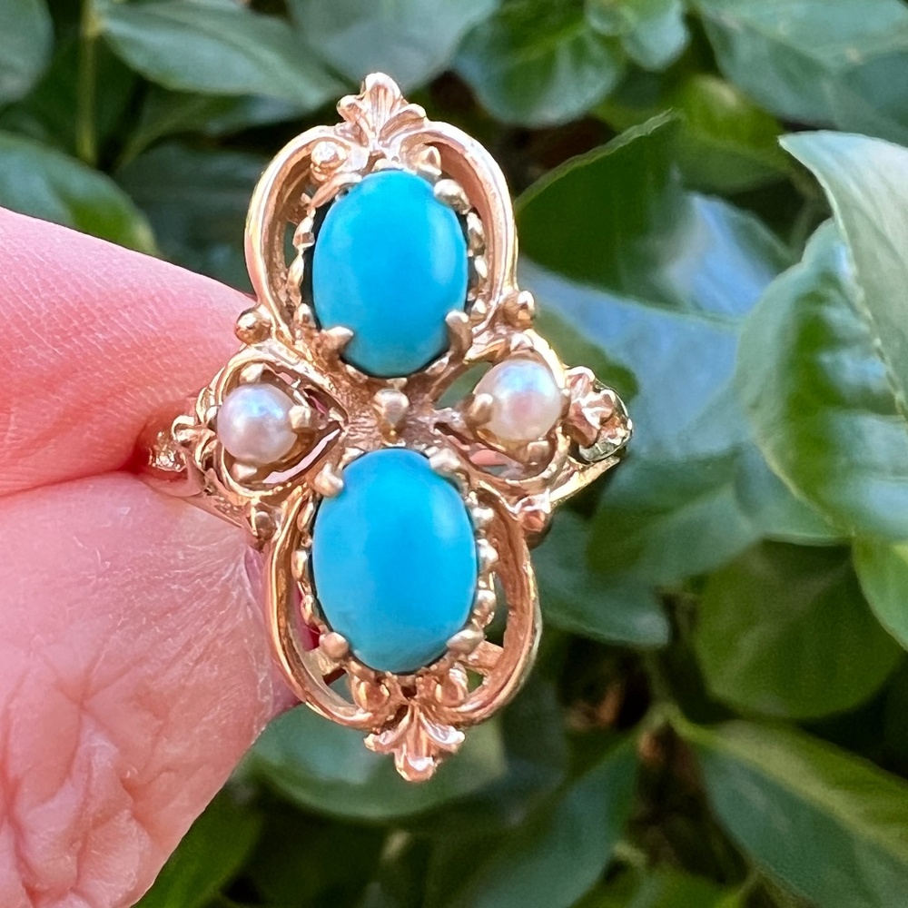 VINTAGE 14K YELLOW GOLD TURQUOISE AND PEARL LARGE RING STATEMENT ONE OF A KIND